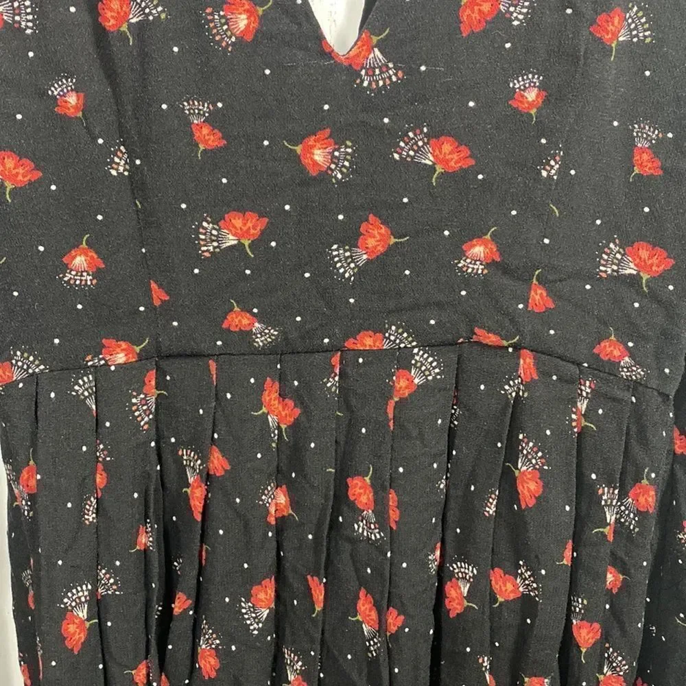 Free People Black Red Floral Long Sleeve Mini Dress Deep V Neck Boho Romantic